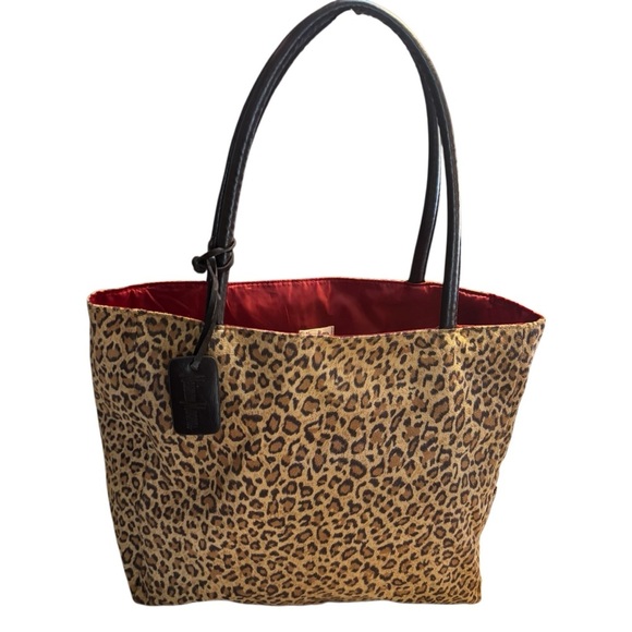 Neiman Marcus Tote Microfiber Suede Tan Brown Leopard Print Brown Handles Red - Picture 2 of 16